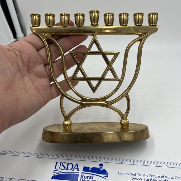 Hanukkah Menorah Jewish Judaica Israel Vintage Brass Chanukah Candle Holder - Picture 8 of 8